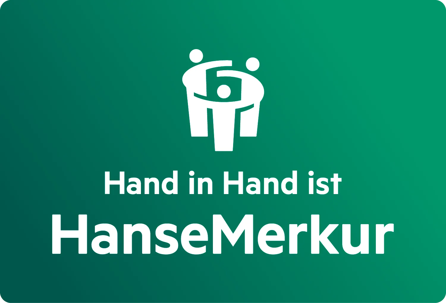 Weißes Symbol von drei stilisierten Menschen, die sich an den Händen halten, über dem Text ‚Hand in Hand ist HanseMerkur‘ auf grünem Hintergrund.