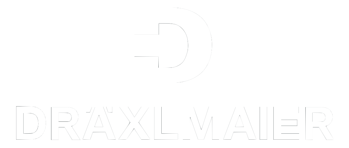 Logotipo de DRÄXLMAIER con una letra D estilizada encima del nombre en letras mayúsculas blancas sobre fondo negro.