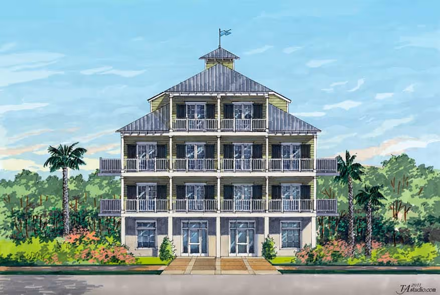 Outside illustration of Hotel Pass Christian with palm trees, and surrounding greenery under a blue sky.