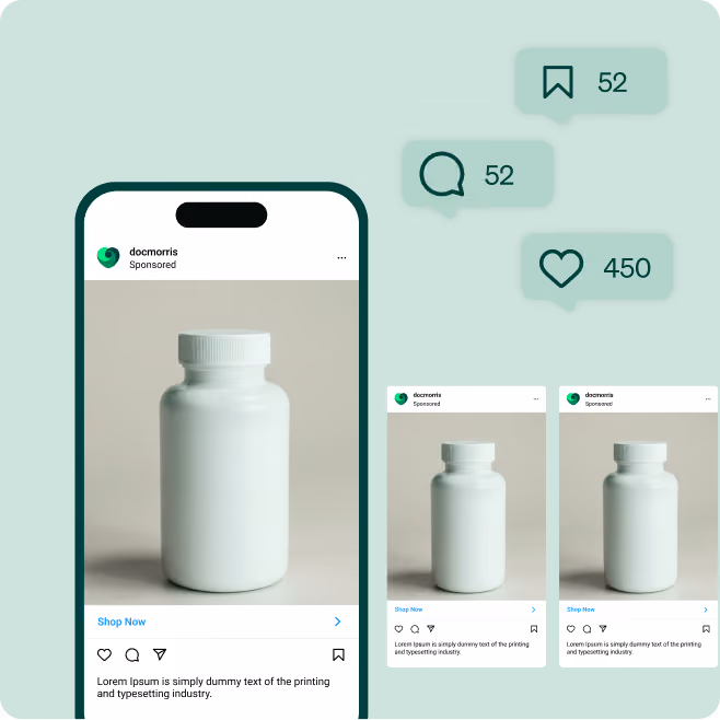 Mockup of a smartphone display showing a white pill bottle ad with engagement icons and stats on a green background.