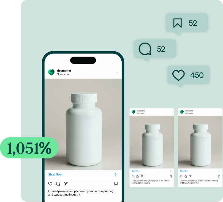 Mockup of a smartphone display showing a white pill bottle ad with engagement icons and stats on a green background.