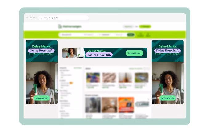 Website with three green-themed banner ads showing a smiling woman holding a green drink and text in German.