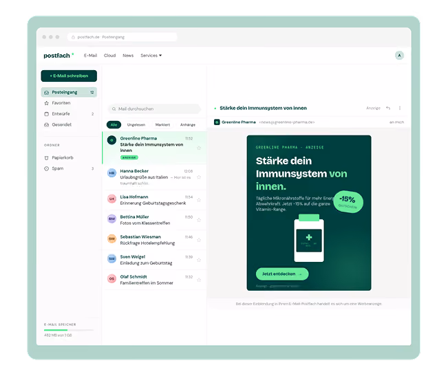 Email inbox interface with a green ad for immune system support and a menu of emails on the left side.