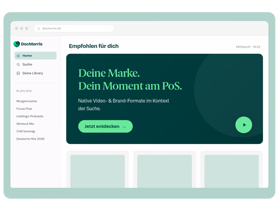 DocMorris website interface showing playlists and a green banner with German text about native video and brand formats.