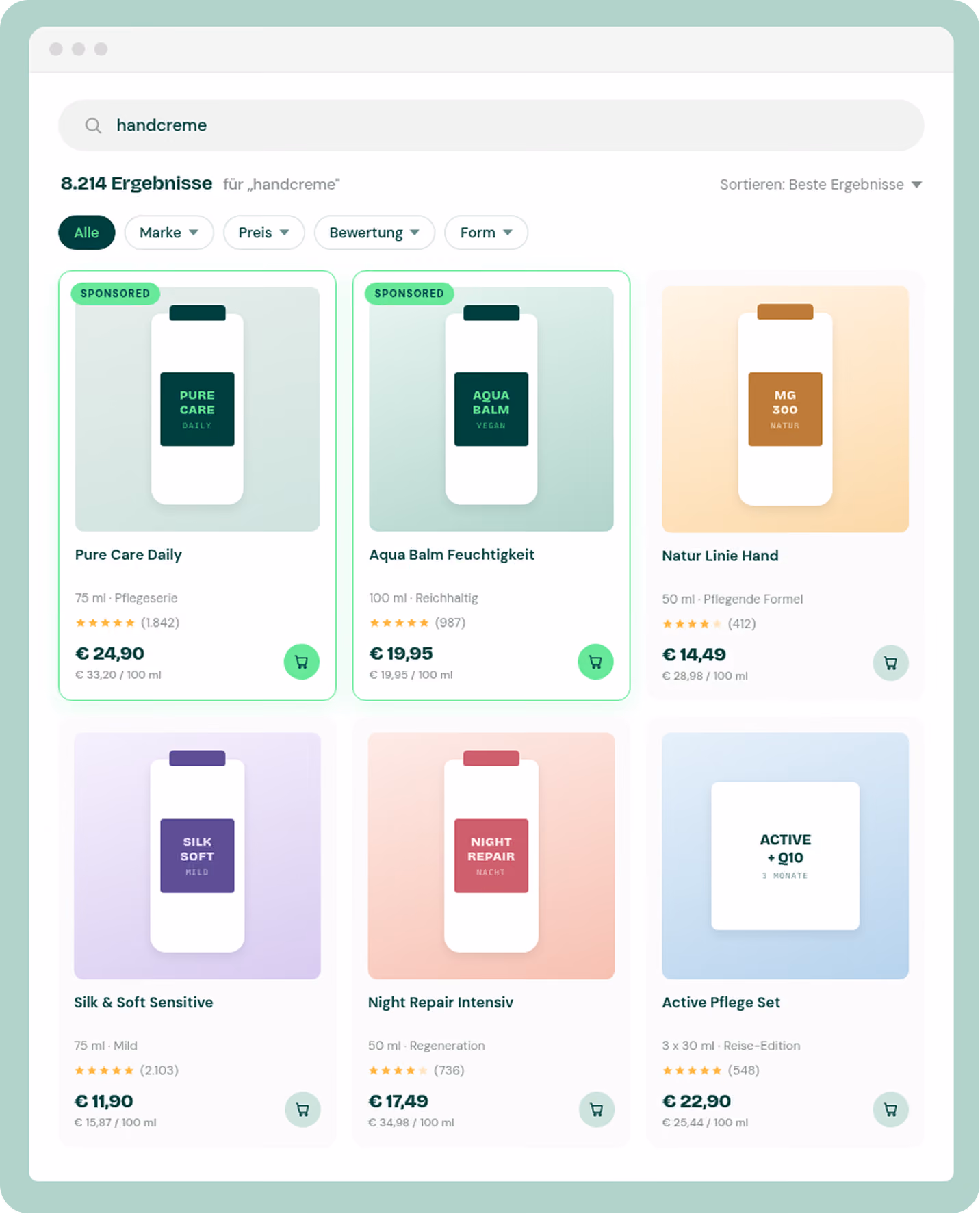 Online search results for handcreme showing six hand cream products with names, ratings, prices, and sizes.