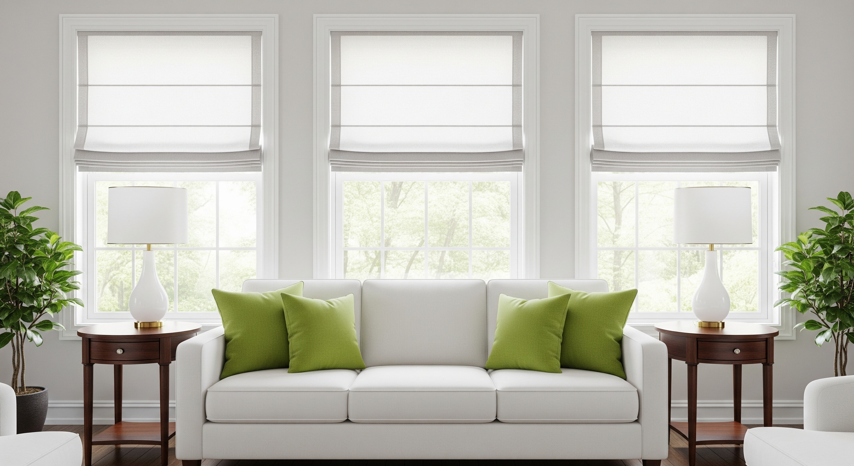Modern living room with white sofa, green cushions, wooden side tables with white lamps, and three windows with white Roman shades.