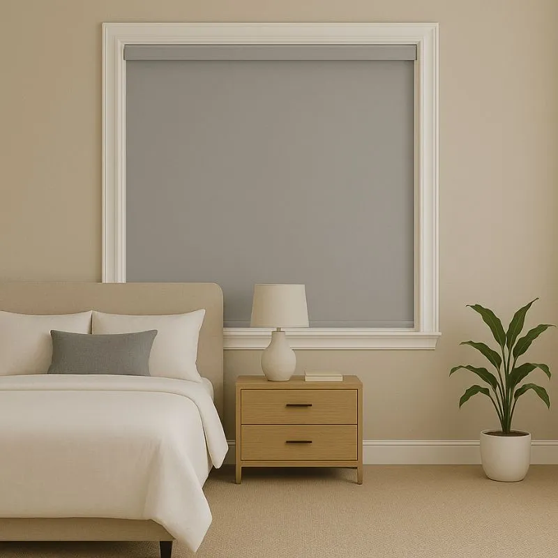 Minimalist bedroom with a beige bed, two pillows, a wooden nightstand with a lamp and book, a window with a closed light gray roller shade, and a potted plant on a carpeted floor.