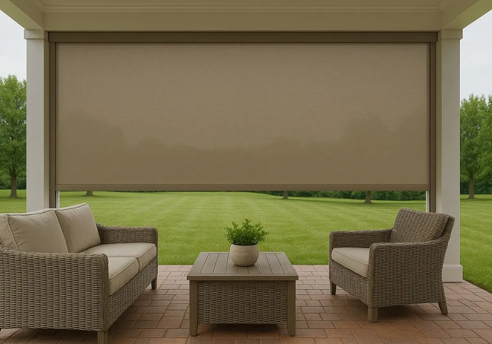 Covered patio with a beige outdoor roller shade, two wicker chairs with cushions, a matching wicker coffee table, and a potted plant, overlooking a green lawn with trees.