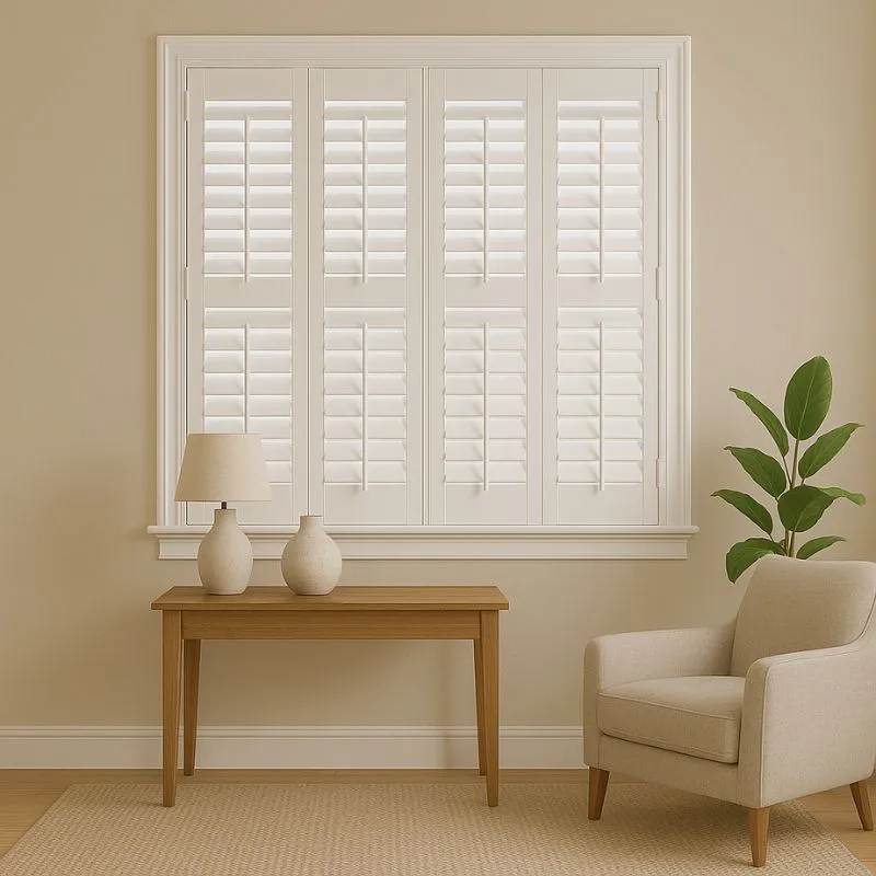 Living room with beige walls, white plantation shutters on the window, wooden table holding a lamp and vase, beige armchair, and a green potted plant.