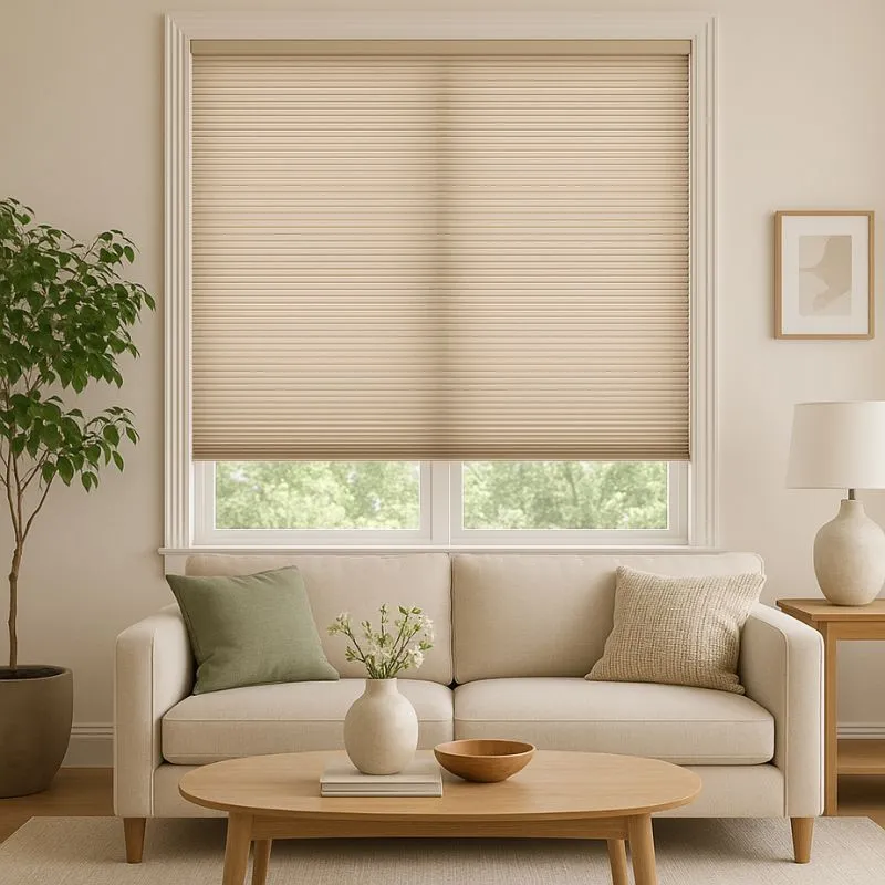 Living room with beige cellular window shades, cream sofa with green and beige pillows, wooden coffee table with vase and bowl, potted plant, and table lamp.