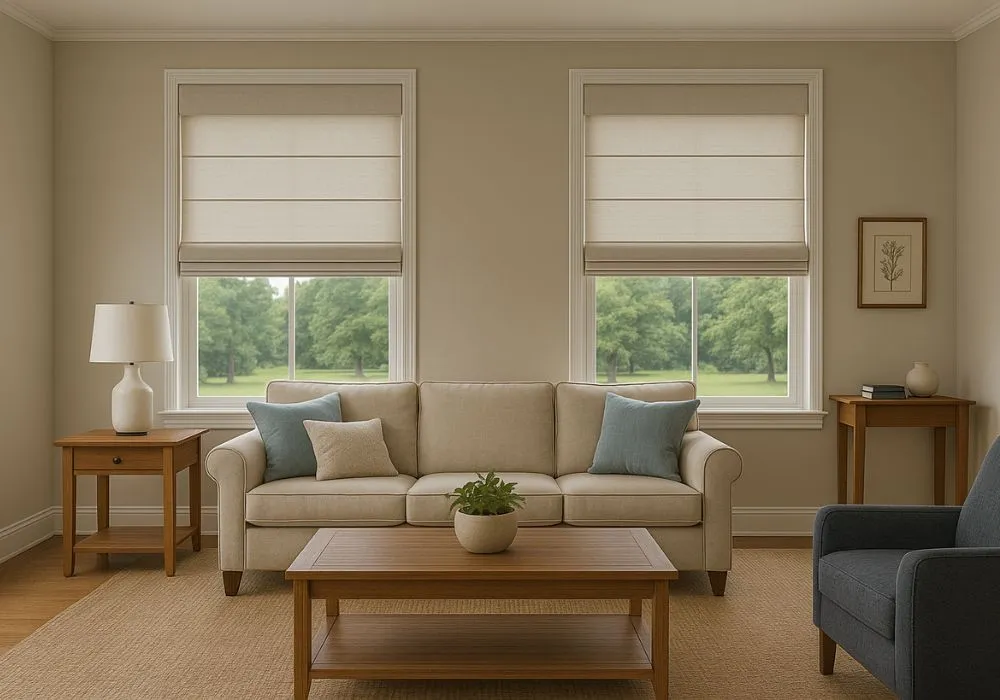 Cozy living room with beige sofa, blue and beige pillows, wooden coffee and side tables, white lamp, and Roman shades on windows.