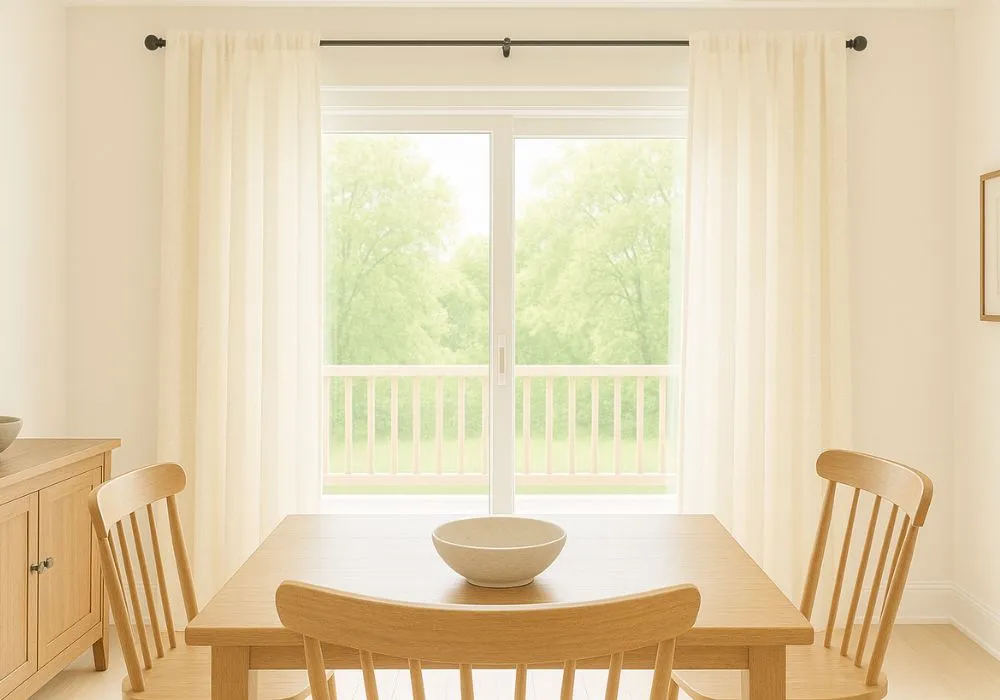 Dining room with light wooden table and chairs, cream-colored drapes, and a view of green trees through a sliding glass door.