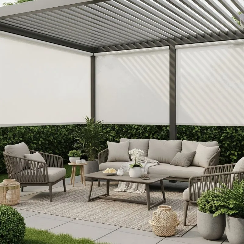 Modern outdoor patio with gray cushioned sofa, armchairs, coffee table, plants, and white retractable shades under a slatted pergola.