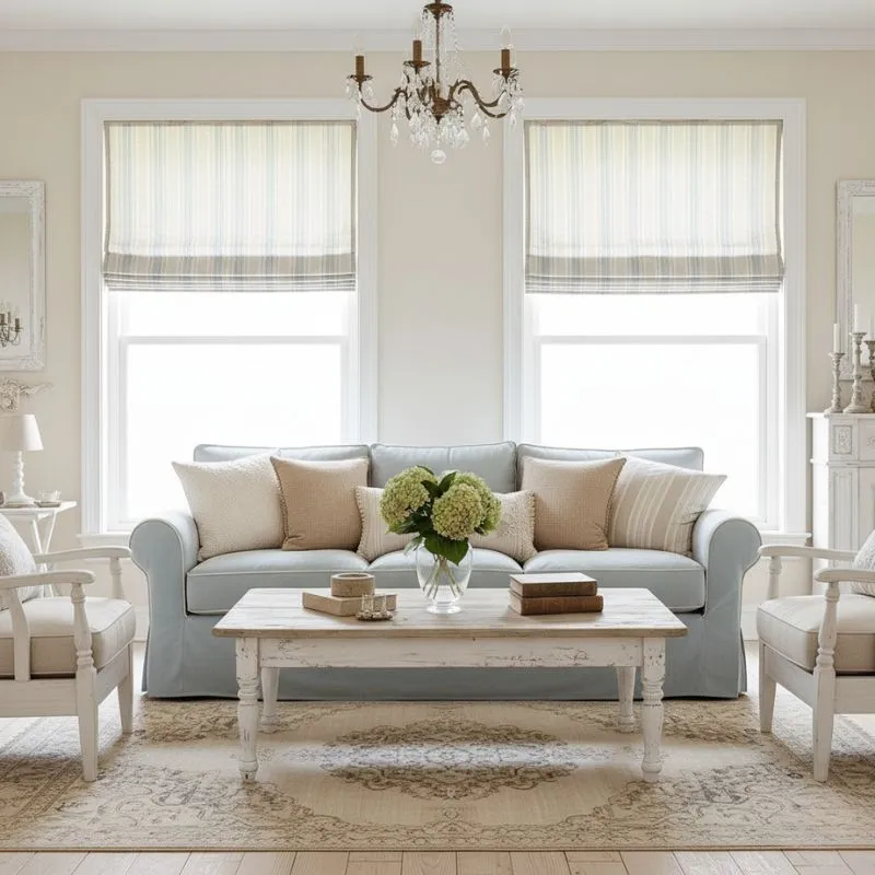 Cozy living room with a light blue sofa, beige and cream cushions, a rustic white coffee table with a floral centerpiece, and two armchairs on a patterned rug under large windows with striped Roman shades.