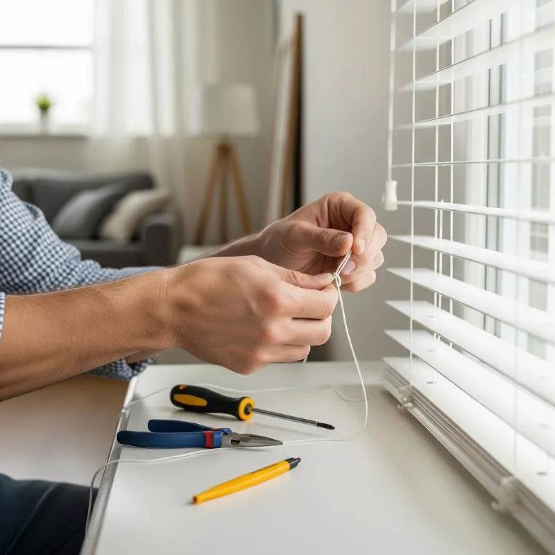 Person repairing white window blinds by tying the cord, with tools on the table nearby.