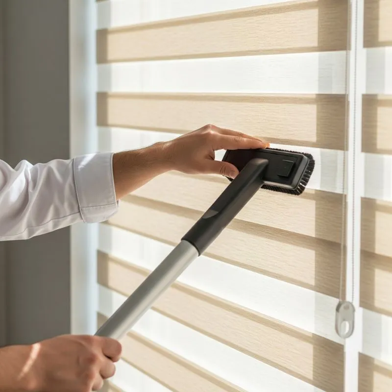 Person cleaning beige horizontal blinds with a vacuum brush attachment near a window.