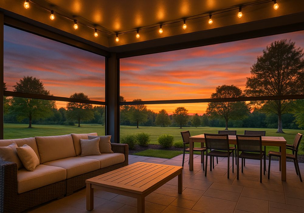 Covered outdoor patio with string lights, beige cushioned sofa, wooden coffee table, and dining table with chairs overlooking a green lawn at sunset.