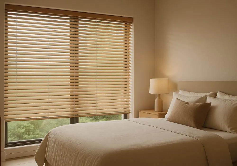 Cozy bedroom with beige Venetian blinds partially closed over a large window, a neatly made bed with beige bedding, and a bedside table with a lit lamp.