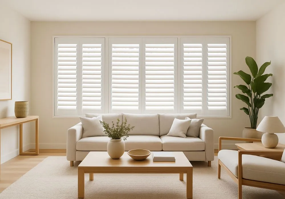 Minimalist living room with white plantation shutters on a large window, beige sofa, wooden coffee table with vase, and neutral-toned furniture.