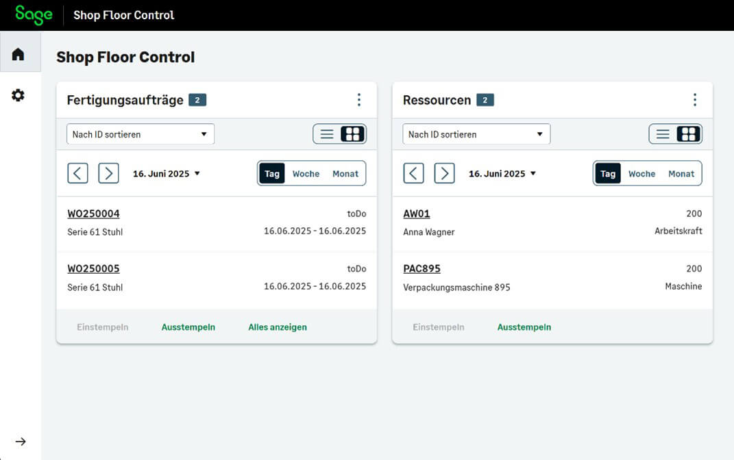 Benutzeroberfläche von Sage Shop Floor Control mit zwei Bereichen: Fertigungsaufträge mit zwei Einträgen für Serie 61 Stuhl und Ressourcen mit zwei Einträgen für Arbeitskraft Anna Wagner und Verpackungsmaschine 895, jeweils mit Datum und Statusanzeigen.