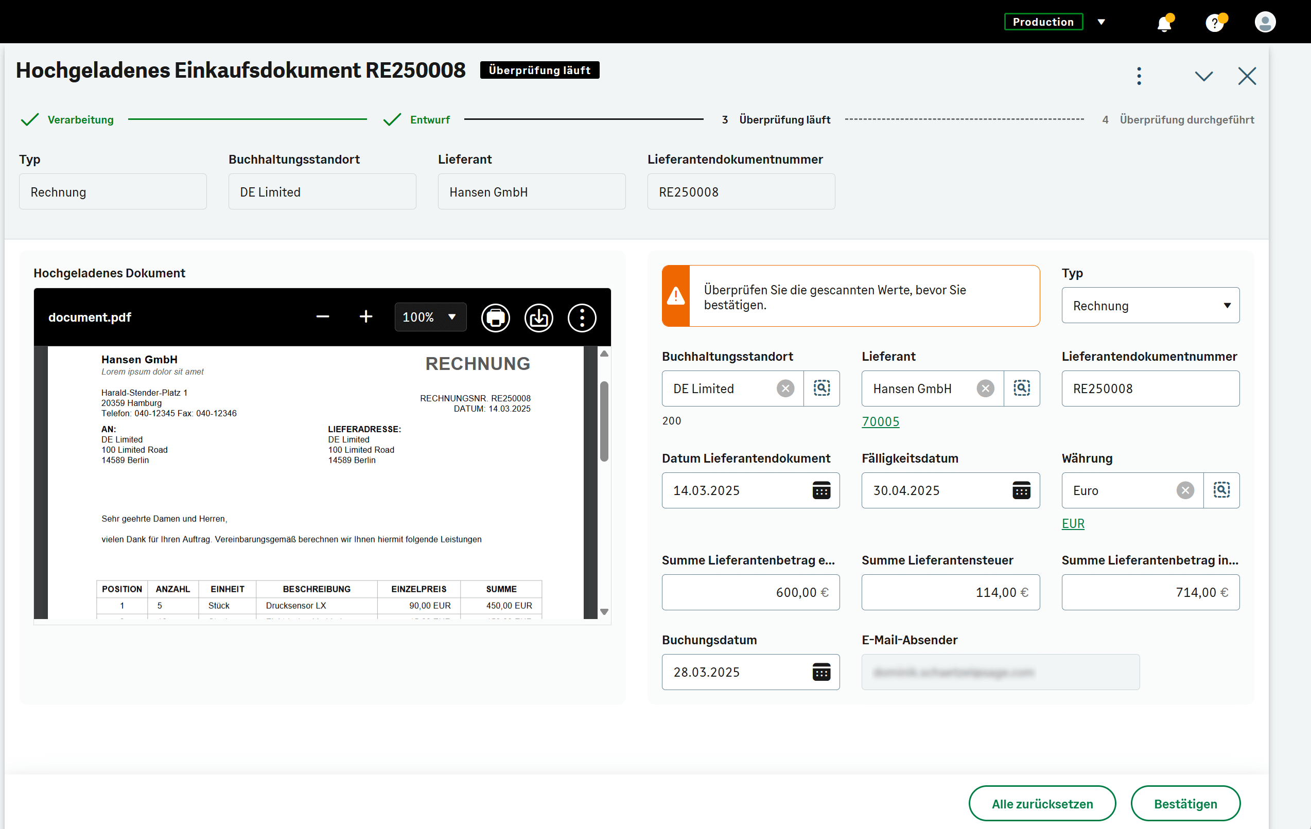 Bildschirmansicht eines geprüft werdenden hochgeladenen Einkaufsdokuments RE250008 mit Details zu Rechnung, Buchhaltungsstandort DE Limited, Lieferant Hansen GmbH und Beträgen.