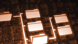 Illustrierte Netzwerkstruktur mit verbundenen Ordnern und Fenstern auf dunklem Hintergrund.