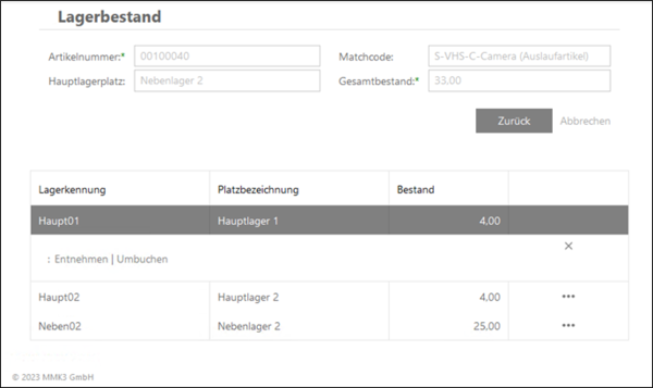 Lagerbestandsübersicht mit Artikelnummer 00100040, Matchcode S-VHS-C-Camera, Hauptlagerplatz Nebenlager 2, Gesammtbestand 33,00, und einer Tabelle mit Lagerkennung, Platzbezeichnung und Bestand.