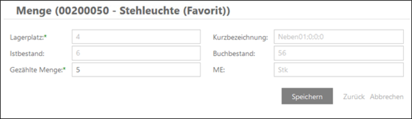 Screenshot eines Formulars zur Mengeneingabe für Stehleuchte mit Feldern für Lagerplatz, Istbestand, Gezählte Menge, Kurzbezeichnung, Buchbestand und eine Speichern-Schaltfläche.