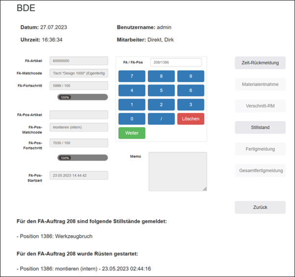 Benutzeroberfläche der BDE-Software mit Feldern für FA-Artikel, Matchcode, Fortschritt, Startzeit, einer Zifferntastatur, Memo-Feld und Aktionsschaltflächen zur Eingabe von Stillständen und Fertigungsmeldungen.