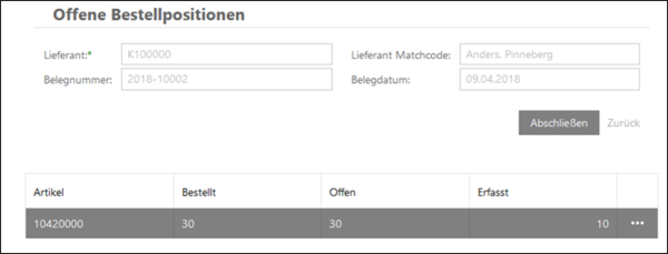Benutzeroberfläche zeigt offene Bestellpositionen mit Artikel 10420000, bestellte Menge 30, offene Menge 30 und erfasste Menge 10.