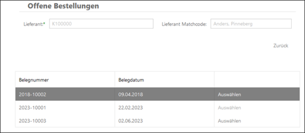 Screenshot einer Benutzeroberfläche mit dem Titel 'Offene Bestellungen', Eingabefeldern für Lieferantennummer und Matchcode sowie einer Tabelle mit drei Bestellungen, die Belegnummern, Belegdaten und Auswahloptionen anzeigen.