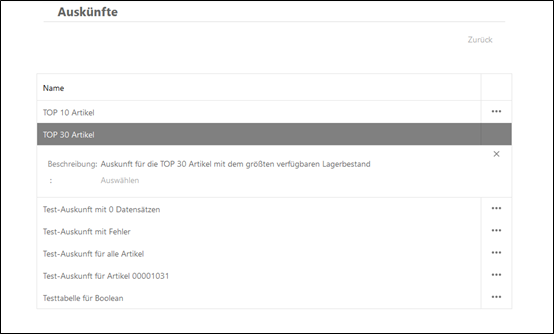 Bildschirm mit einer Liste von Auskünften, darunter TOP 10 Artikel, TOP 30 Artikel mit Beschreibung und mehrere Test-Auskünfte.