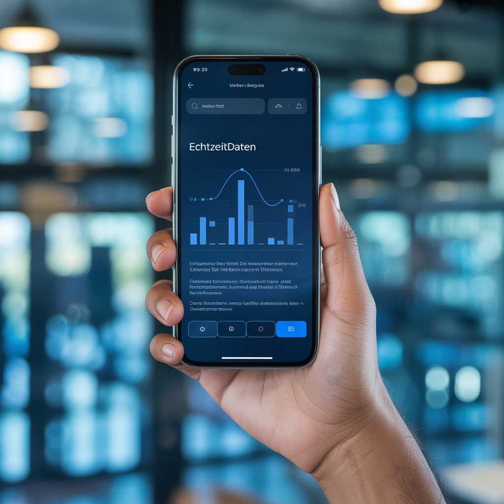 Hand hält ein Smartphone mit einer App, die Echtzeitdaten in einem Balkendiagramm und einer Linie anzeigt.