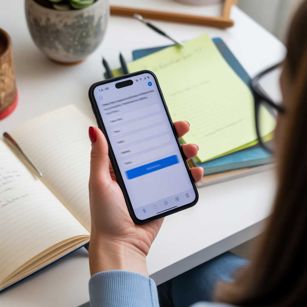 Person hält ein Smartphone in der Hand und füllt ein Online-Formular aus, im Hintergrund Notizbuch, Stifte und eine Pflanze auf einem Schreibtisch.