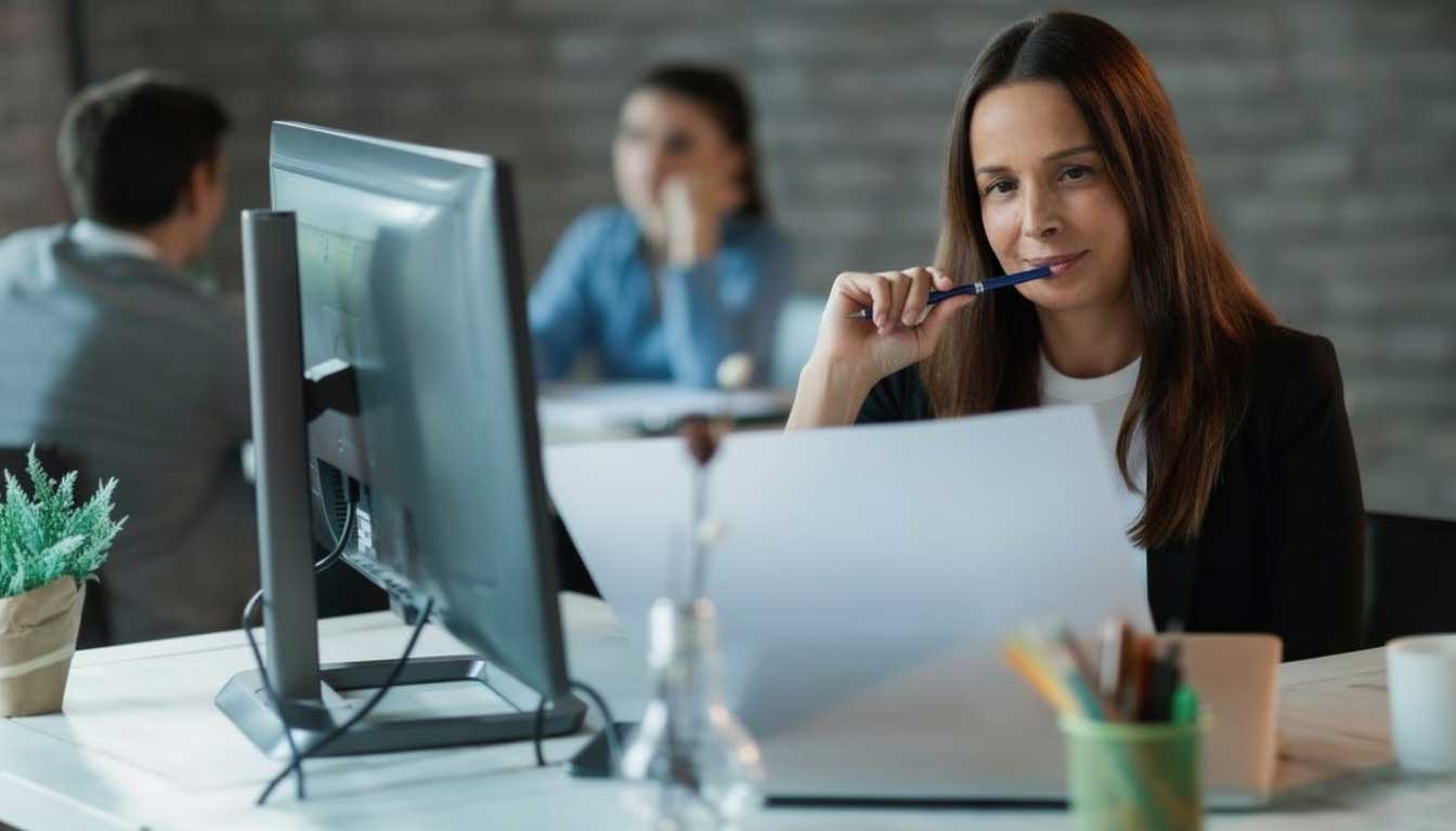 Frau im Büro betrachtet nachdenklich Dokumente und hält dabei einen Stift im Mund.