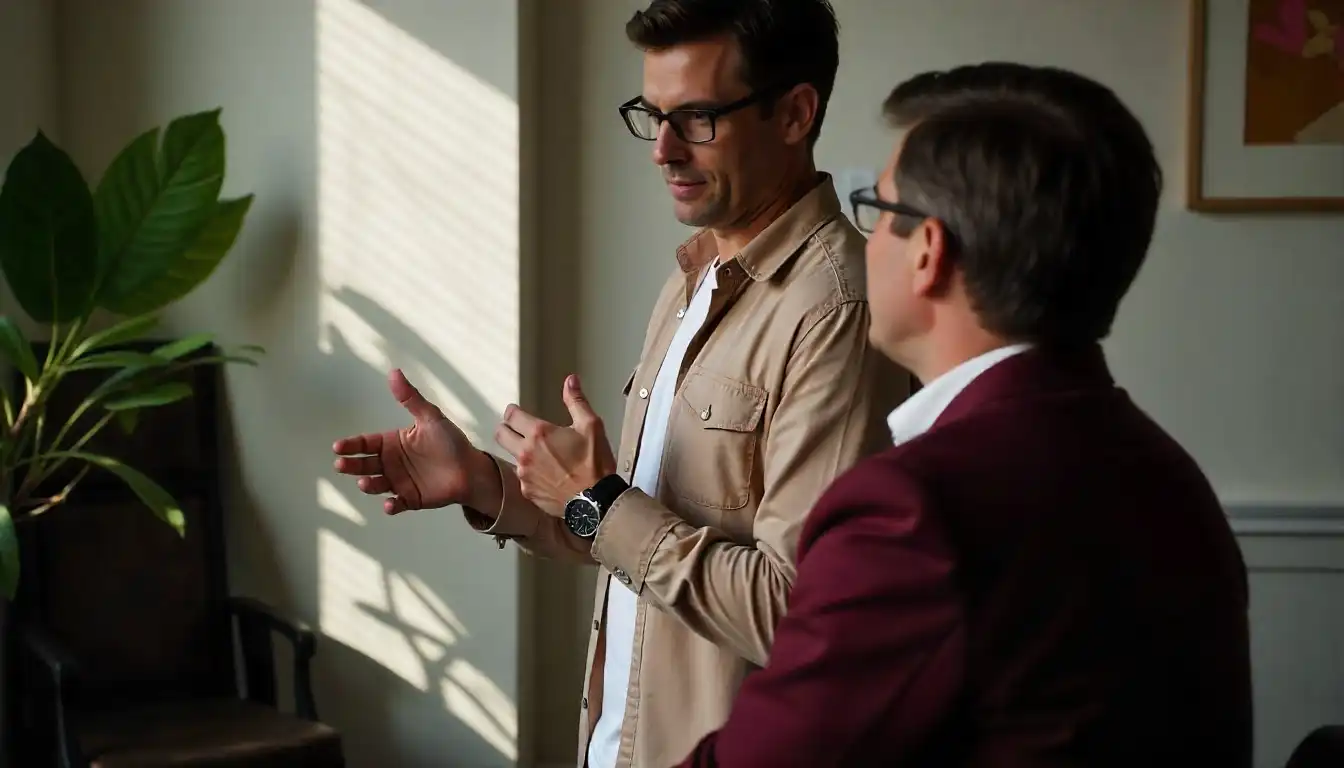 Zwei Männer mit Brillen führen in einem Büro mit Pflanzen und gedämpftem Licht eine Diskussion.