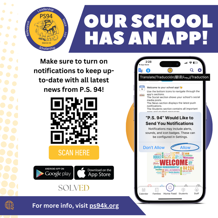 Flyer for P.S. 94 school app featuring a QR code 