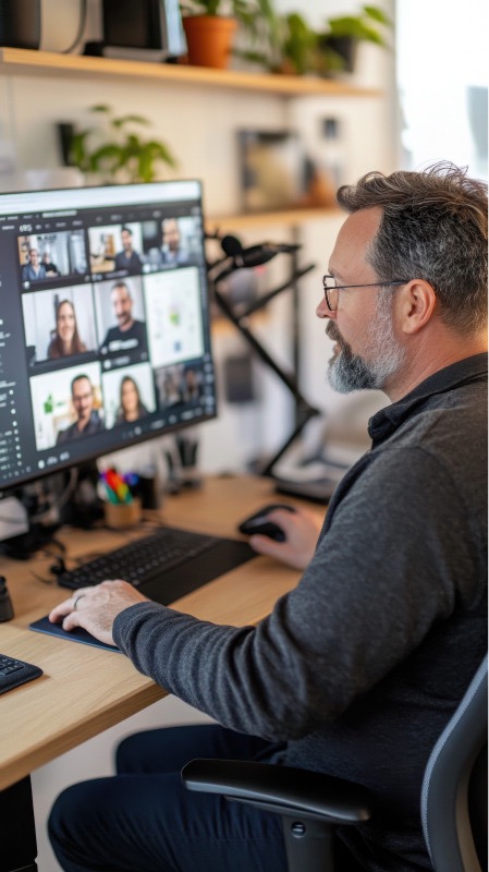 Man with glasses and gray beard working on a computer at a desk, participating in a video conference call with multiple people displayed on the monitor.