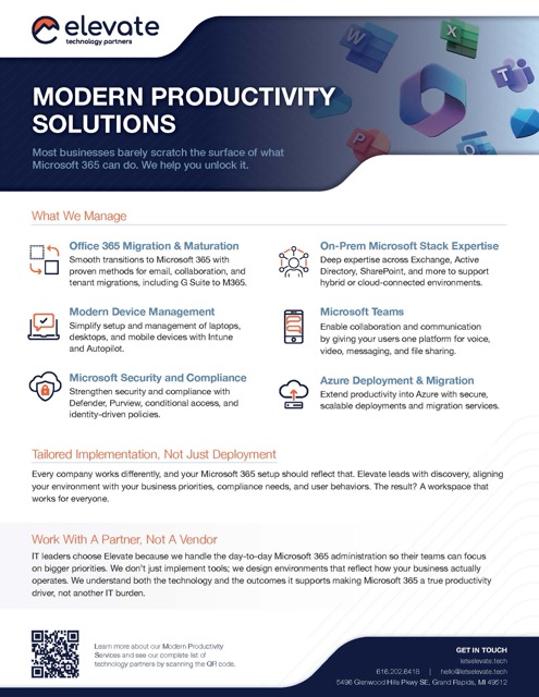 Elevate Technology Partners infographic detailing Modern Productivity Solutions with services like Office 365 Migration, Device Management, Security, On-Prem Microsoft Stack Expertise, Microsoft Teams, and Azure Deployment.