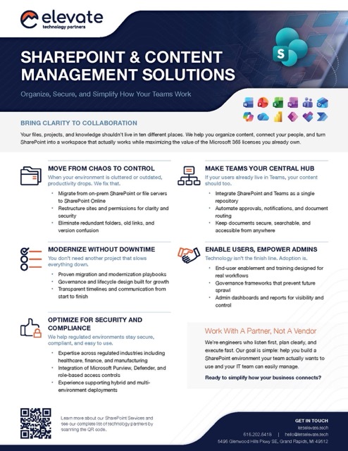 Elevate technology partners infographic titled SharePoint & Content Management Solutions detailing collaboration clarity, moving from chaos to control, modernizing without downtime, optimizing security and compliance, making teams your central hub, and enabling users and admins.