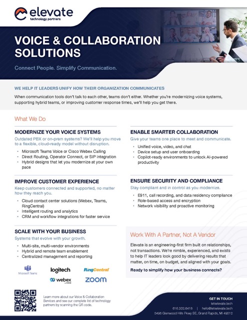 Elevate Technology Partners flyer detailing voice and collaboration solutions, listing services such as modernizing voice systems, improving customer experience, enabling smarter collaboration, ensuring security, and scaling business with logos of Microsoft Teams, Logitech, RingCentral, Webex, and Zoom.