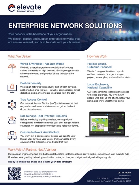 Elevate Technology Partners infographic detailing enterprise network solutions including wired and wireless connectivity, built-in security, network access control, site surveys, custom architecture, project-based outcomes, and local engineers with national capability.