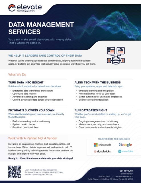 Elevate Technology Partners data management services overview highlighting data insight, tech alignment, fixing slowdowns, and running databases with trusted partners Microsoft, Google, Databricks, and Snowflake.