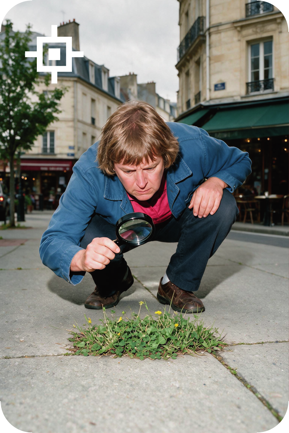 Carte 03 recto : un homme observe à la loupe une touffe d’herbe sur un trottoir parisien