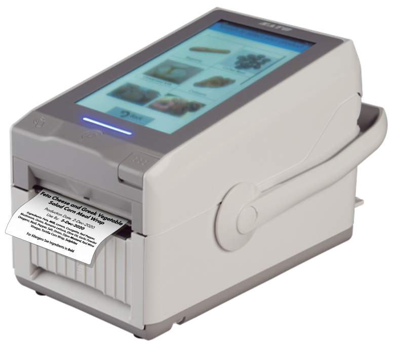 Compact label printer printing a food label for Feta Cheese and Greek Vegetable Salad Corn Meal Wrap with allergen information.