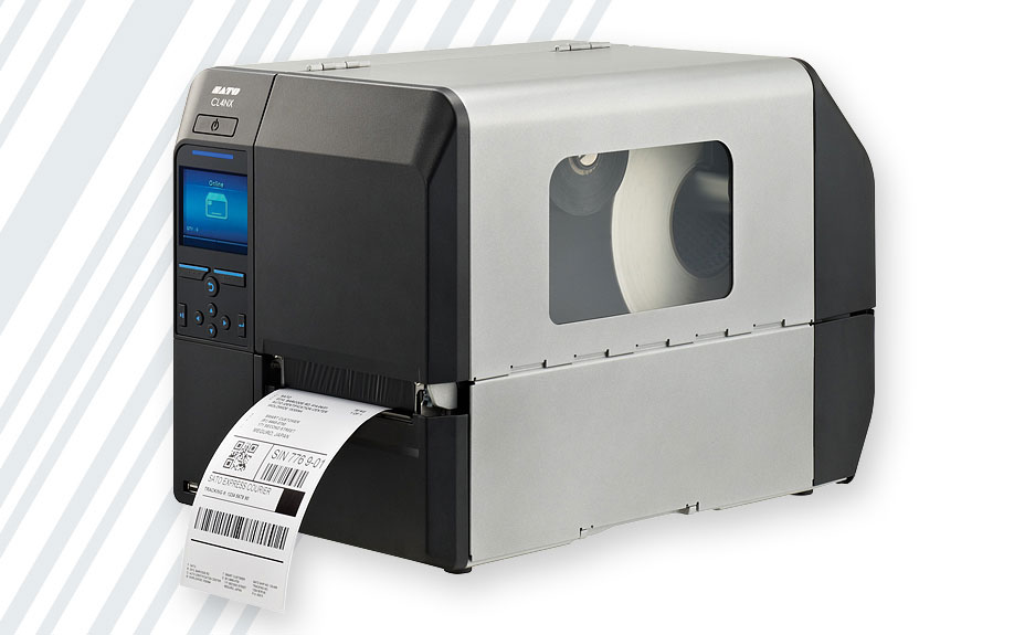 SATO CL4NX industrial label printer producing a shipping label with barcode and QR code.