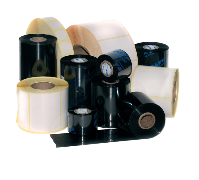 Assorted rolls of thermal transfer ribbons and adhesive label stickers in black and white.