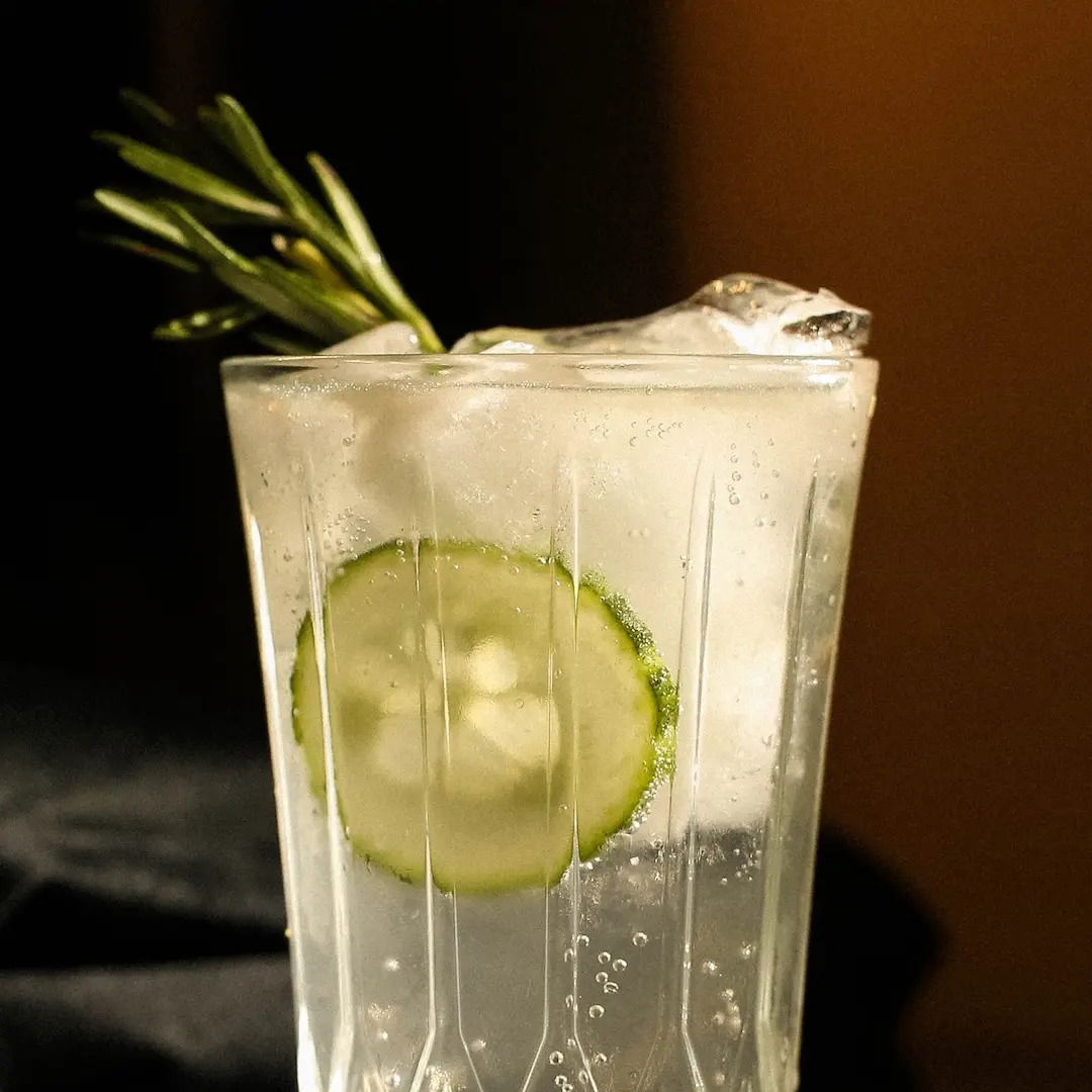 Non-alcoholic Gin tonic cocktail on a dark brown background