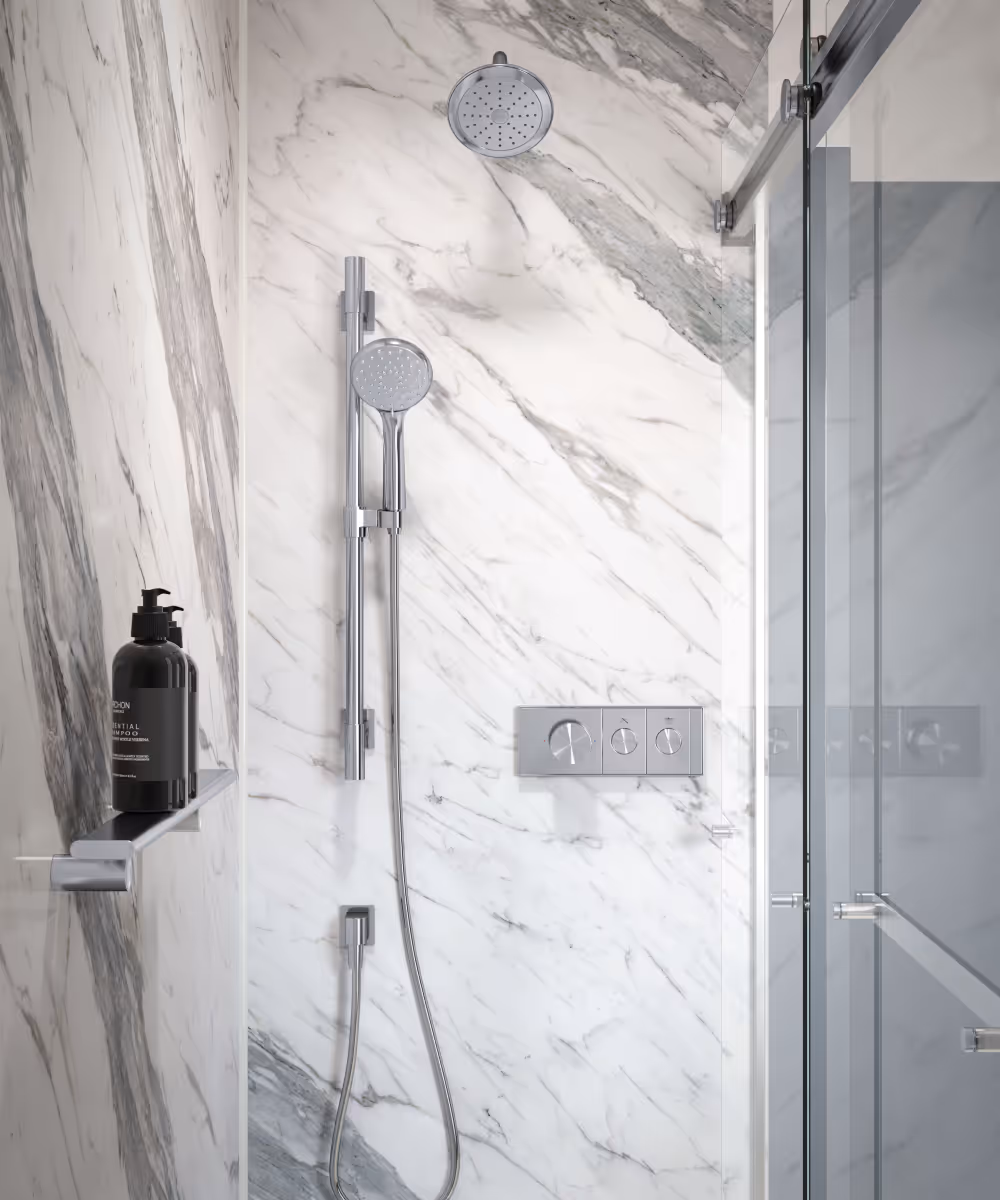 Minimalist Kohler shower remodel with high-end finishes and floor-to-ceiling built-in shelving.