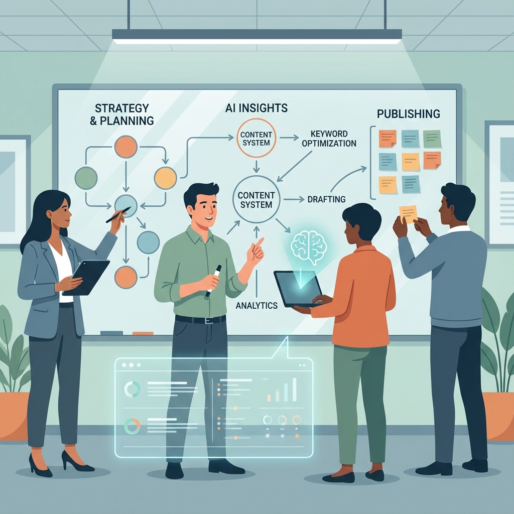 Team brainstorming ideas for effective content planning strategies on a whiteboard.